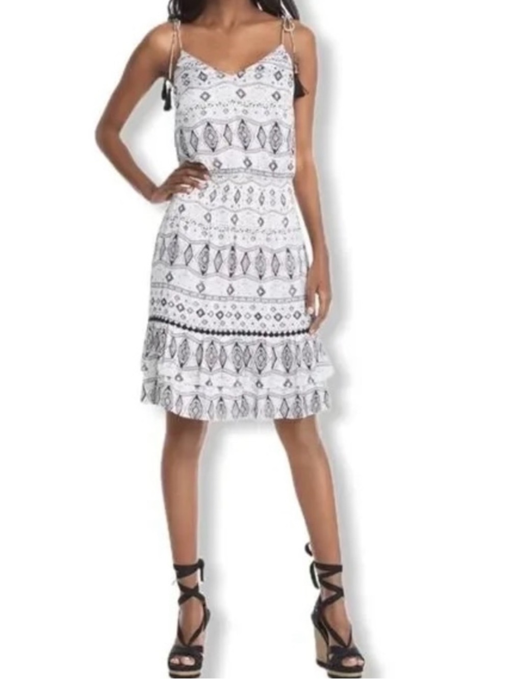 WHBM | Tassel Spaghetti Strap Print Tiered Dress